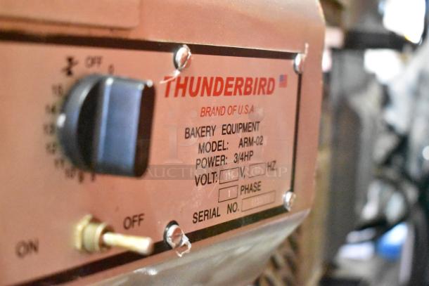 Thunderbird ARM-02 commercial dough mixer label; 20-quart capacity, 115 volts, 1 phase, includes mixing bowl and guard.