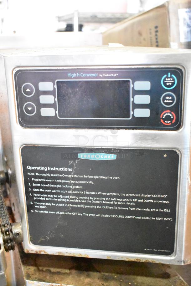 Turbochef HhC2020 electric conveyor rapid cook oven, 208/240V, 3 phase, display panel with operation instructions visible.