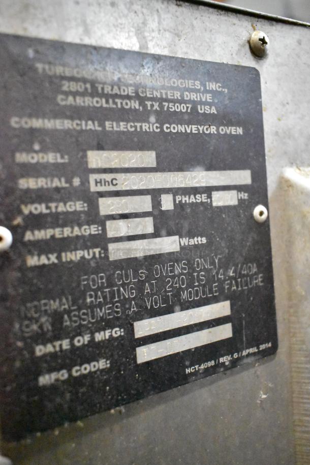 Turbochef HhC2020 commercial conveyor oven label showing model, serial number, voltage, and phase.