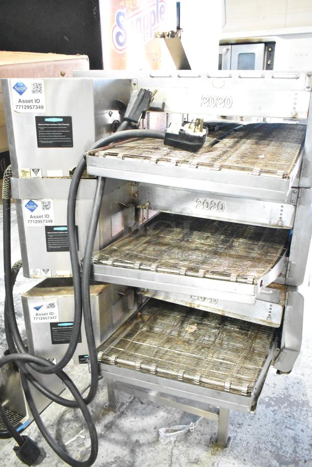 Three Turbochef HhC2020 commercial conveyor ovens, stainless steel, electric, 208/240V, 3-phase, visible asset IDs.