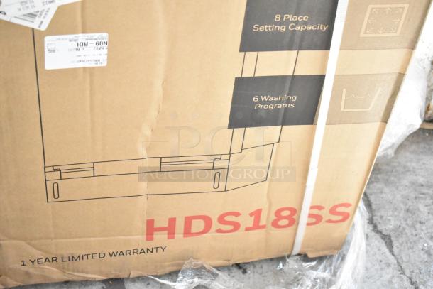 New Honeywell HDS18SS dishwasher in box, 8 place settings, 6 programs, stainless steel, UL/Energy Star, 1-year warranty.
