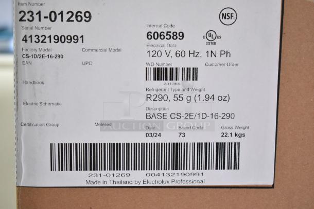 Brand new 2024 Crathco CS-2E/1D-16-290 commercial refrigerated beverage machine base label; 120V, 1 Ph, R290 refrigerant.