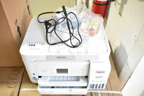 Epson ET-3850 printer with scanner and copier, 120V, 1 Phase. Includes power cord and ink bottles.