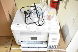 Epson ET-3850 printer with scanner and copier, 120V, 1 Phase. Includes power cord and ink bottles.