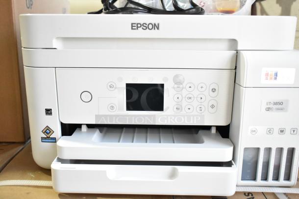 Epson ET-3850 printer, scanner, copier. Features digital display, ink tanks, PrecisionCore tech. 120V, 1 phase power.