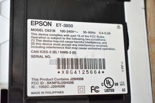 Epson ET-3850 Countertop Scanner Copier Printer label showing compliance details, model C631B, 100-240V, 50-60Hz. Made in Philippines.