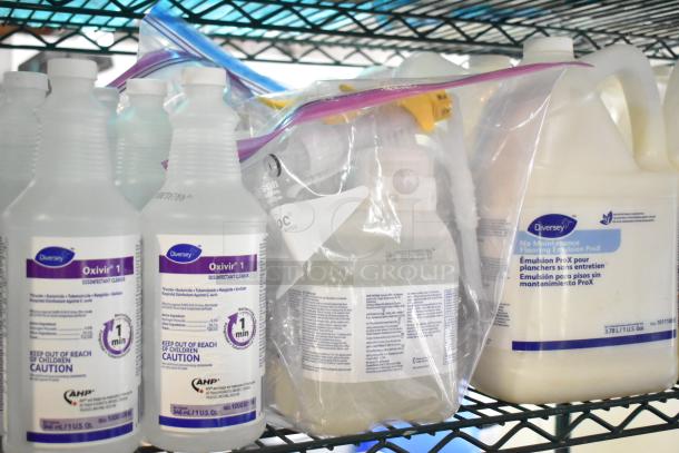 Three-tier lot with Diversey Oxivir disinfectant, Diversey Emulsion floor cleaner, and Ajax heavy-duty formula cleaner.