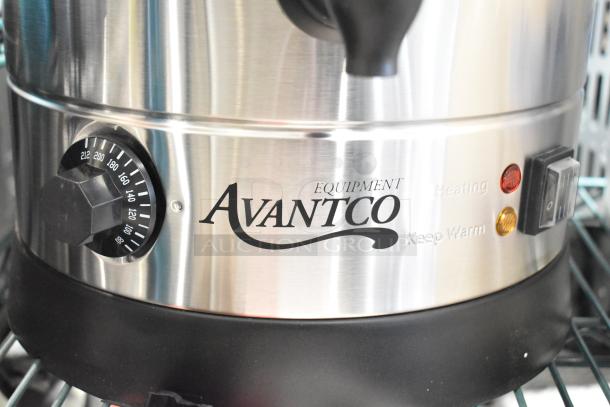 Alt Text: "Avantco 177WB29L water boiler, 7.6 gallon capacity, stainless steel, temperature dial, heating and warm indicators."