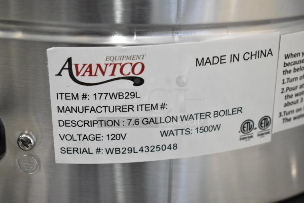 Brand new Avantco 177WB29L water boiler, 7.6 gal, 120V, 1500W, serial WB29L4325048, "Made in China" label visible.