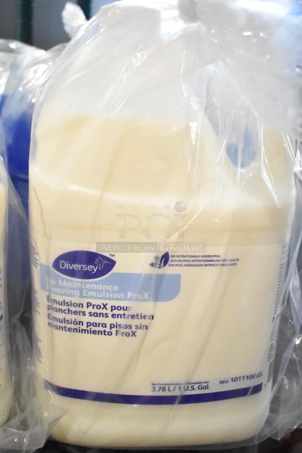 17 containers of cleaners, including Diversey No Maintenance Flooring Emulsion ProX, 3.78L each. Clean condition.