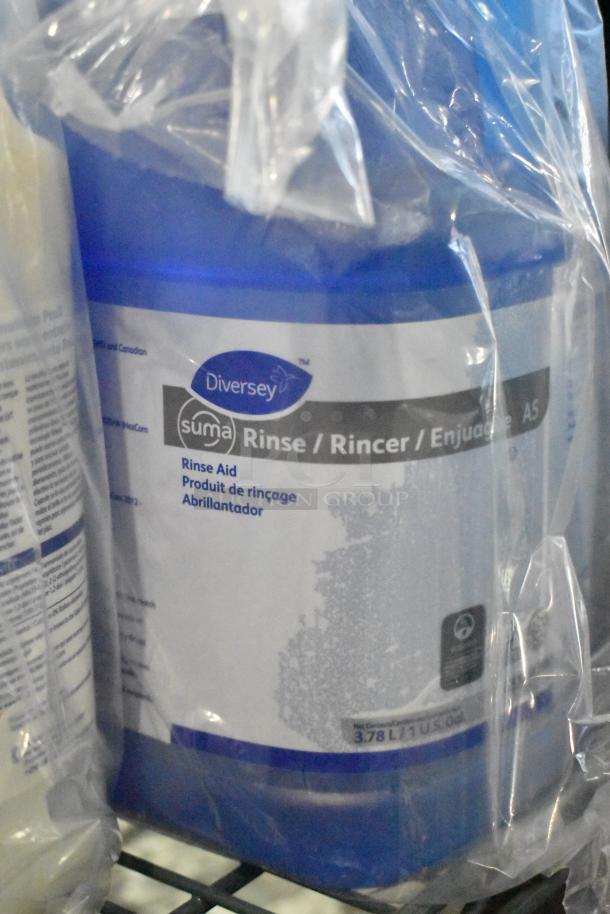 Diversey cleaners, including Rinse Aid, in sealed containers. Visible labels detail product type and volume, totaling 17 items.