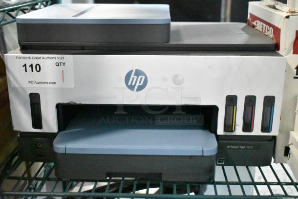 HP Smart Tank 7602 printer, scanner, copier; countertop design. Features ink tanks, 120V, 1-phase, model number visible.