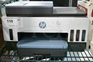HP Smart Tank 7602 printer, scanner, copier; countertop design. Features ink tanks, 120V, 1-phase, model number visible.