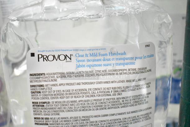 Bottle of Provon Clear & Mild Foam Handwash with detailed label listing ingredients and usage instructions.