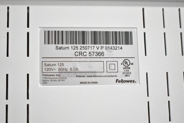 Fellowes CRC 57366 Laminator, 120V, 1 Phase, Saturn 125 model label, showing UL certification and company details.