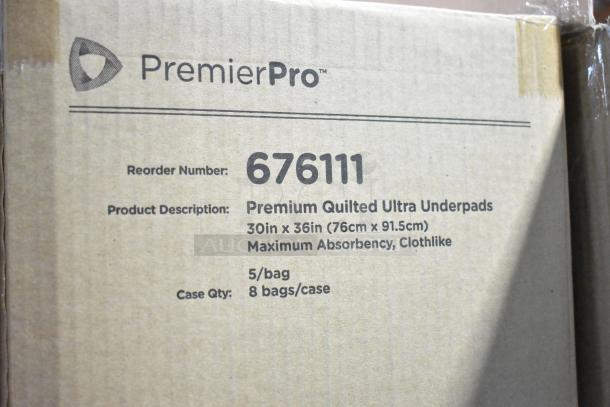 Brand new PremierPro 676111 disposable underpads, 30x36 inches, heavy absorbency, 5 per bag, 8 bags per case.