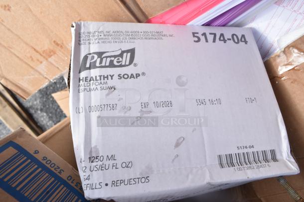 Box of Purell Healthy Soap Mild Foam, new with minor dents, 1250ml refills, visible expiration 10/2028.