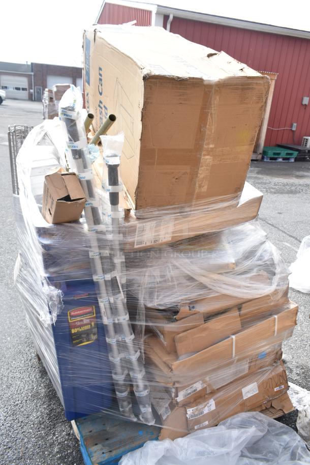 Stack of 31 new scratch and dent items, including Metro SW40K3 Wall Track, Duraloc Tool Holder, WST1806Y Cart, wrapped on pallet.