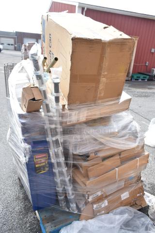 Stack of 31 new scratch and dent items, including Metro SW40K3 Wall Track, Duraloc Tool Holder, WST1806Y Cart, wrapped on pallet.