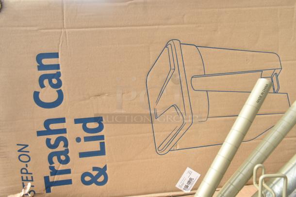 Cardboard box showing "Step-On Trash Can & Lid," includes Metro SW40K3 SmartWall, Duraloc Tool Holder System, WST1806Y Storage Cart.