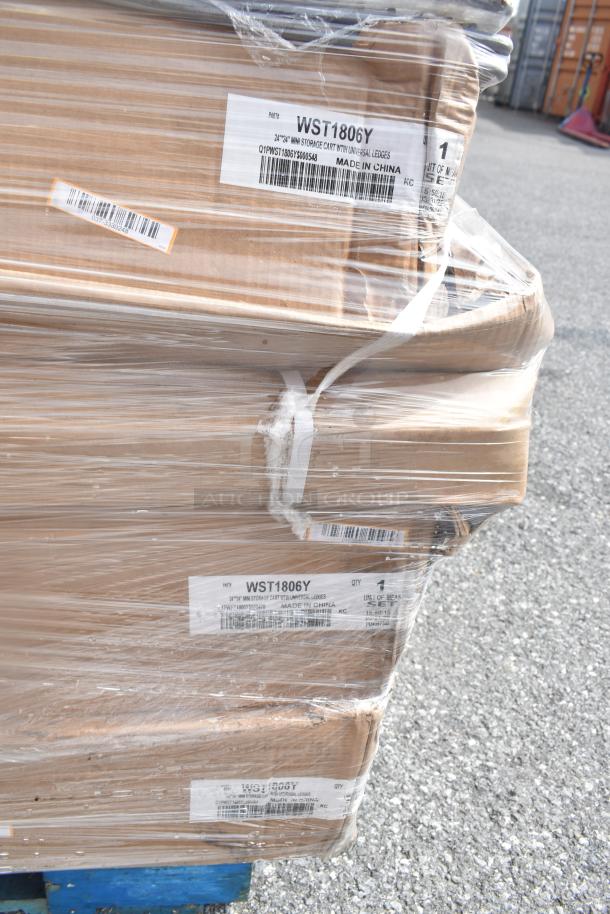 Pallet of brand new scratch and dent items including Metro SW40K3 SmartWall Wall Track and WST1806Y Storage Cart, wrapped in plastic.