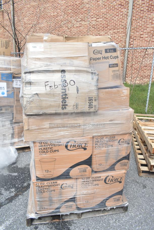 Pallet of brand new assorted catering supplies, includes Choice hot cups and cold cups, visibly wrapped, marked Feb26-30.