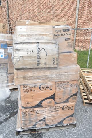 Pallet of brand new assorted catering supplies, includes Choice hot cups and cold cups, visibly wrapped, marked Feb26-30.