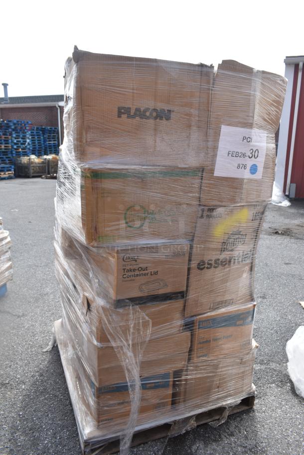 Pallet with 30 brand new scratch and dent items, including take-out containers, hot cups, and paper towels, wrapped in plastic. Tags show "FEB26-30".