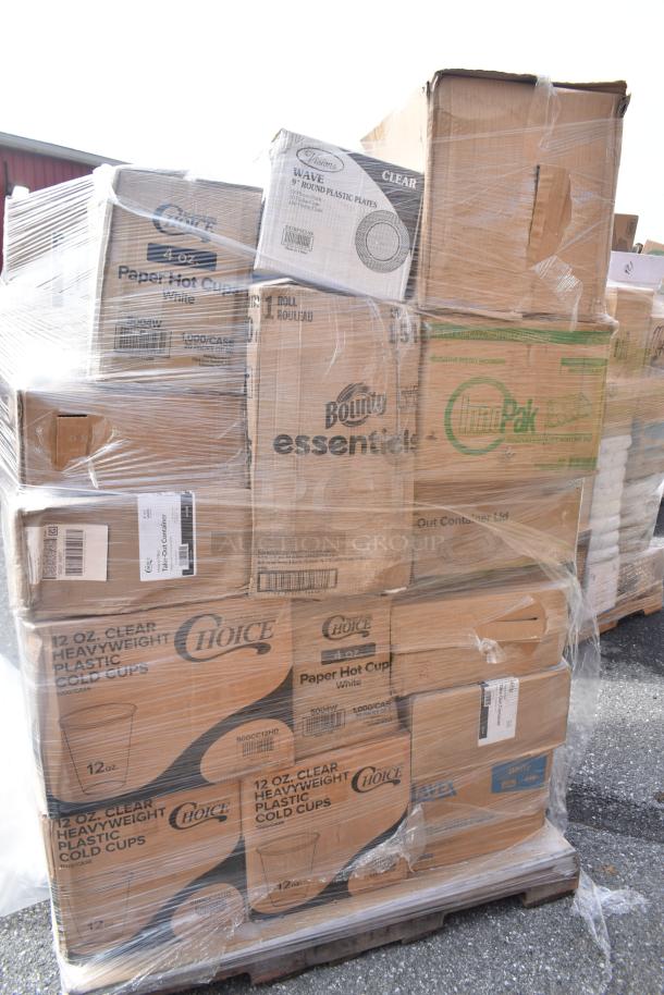Pallet with 30 boxes of new scratch and dent items, including Choice hot cups, Bounty essentials, InnoPak containers.
