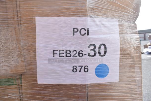 Pallet of 30 brand new scratch and dent items, including take-out containers and hot cups, wrapped with label "PCI FEB26-30 876".