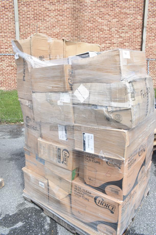 Pallet of 30 new scratch and dent items, including take-out containers, hot cups, wrap paper, and paper towels.