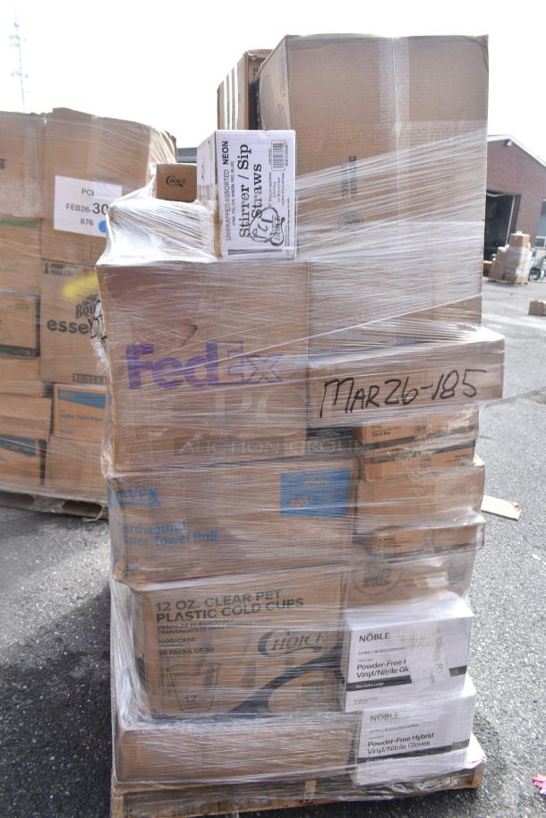 Stack of 29 new scratch and dent items including trash bags, spoons, cups, and gloves. Marked "MAR26-185". Packaged on a pallet.