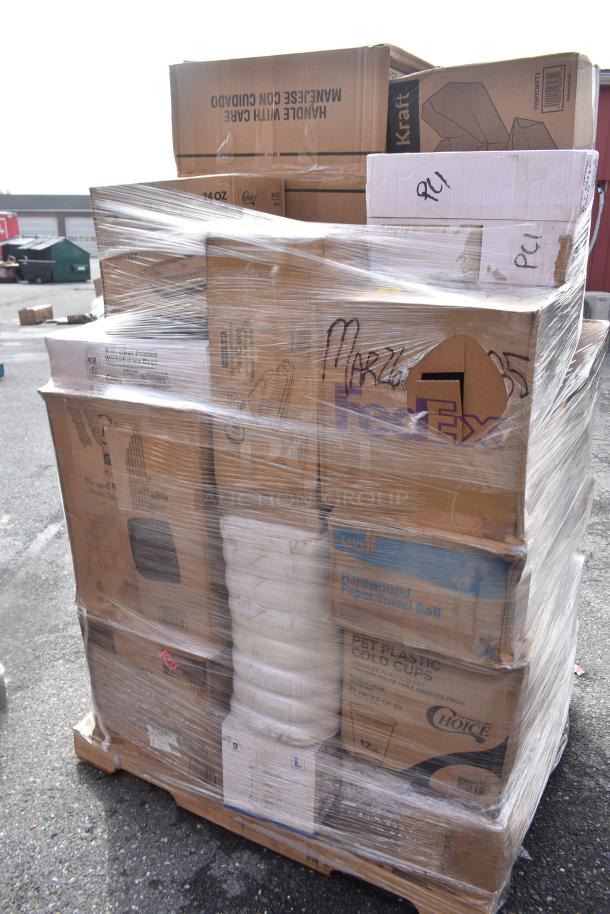 Shrink-wrapped pallet of assorted boxes labeled with brands like FedEx, Kraft, containing items such as trash bags, cold cups, and gloves. Boxes may be dented.