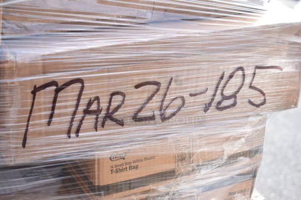 Plastic-wrapped pallet with boxes labeled "MAR26-185." Contains new scratch and dent items like trash bags and gloves.