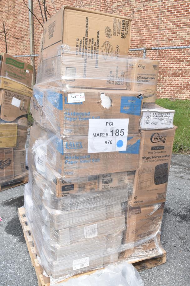 Pallet of 29 brand new scratch and dent items, including Lavex paper towels, Choice containers, and trash bags.
