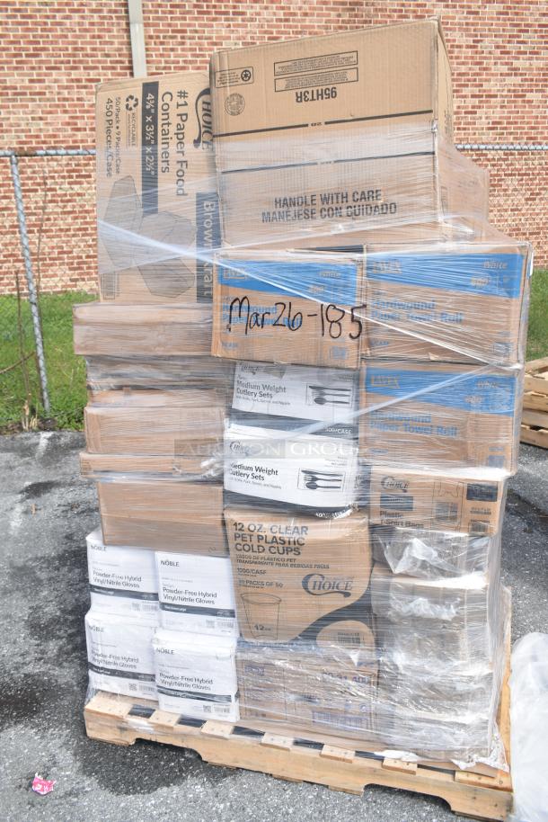 Pallet of 29 scratch and dent items: trash bags, spoons, cold cups, gloves. Various brands visible, labeled "Mar26-185."