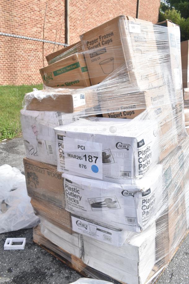 Pallet of 30 assorted brand new scratch and dent items including cutlery packs, napkins, and cups with packaging labels visible.