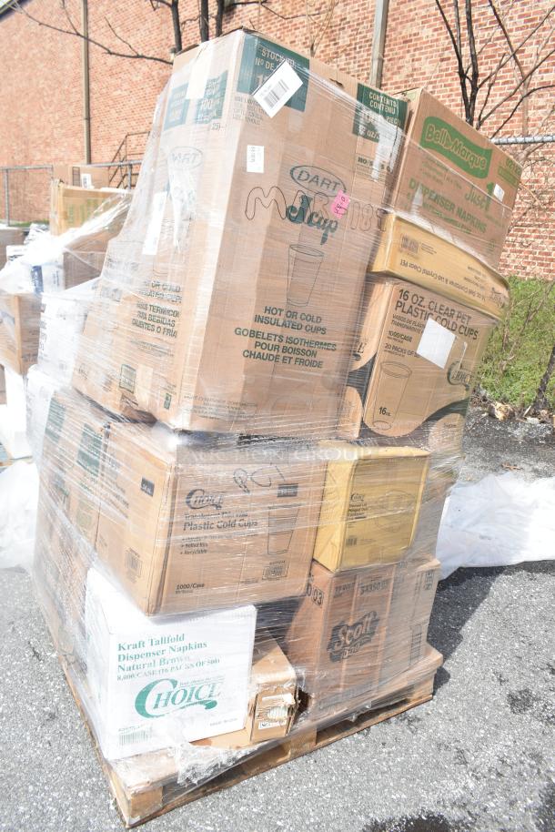 Pallet of 30 brand new scratch and dent items, including Choice napkins and cups, Scott towels. Wrapped and labeled for auction.