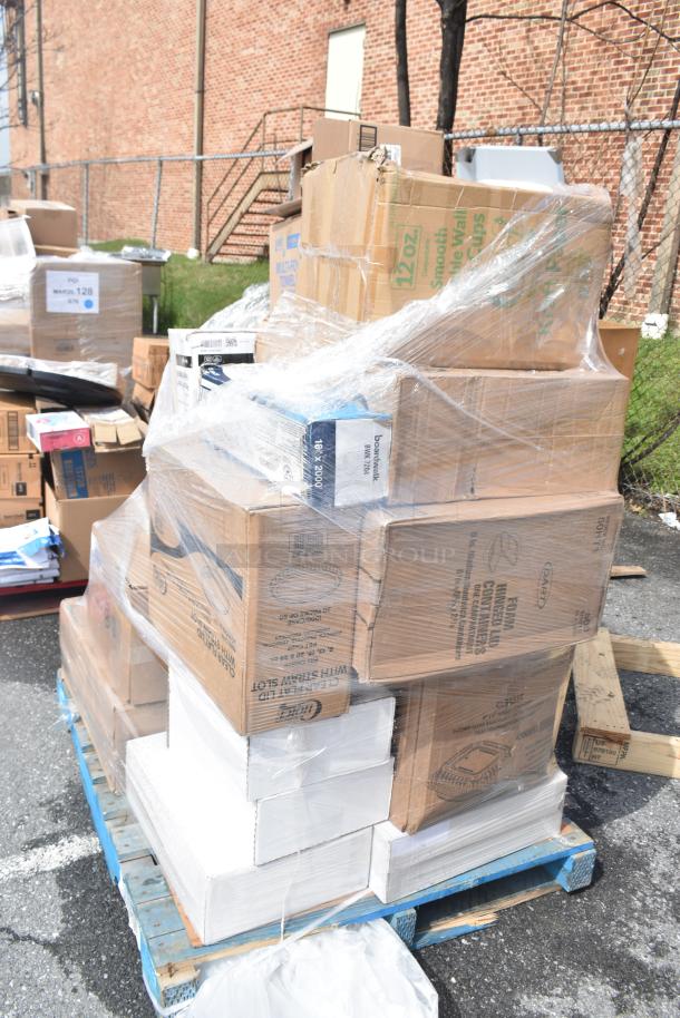 Pallet of 22 mixed new items including trash bags, cling film, and hot cups, some in scratch and dent condition, shrink-wrapped.