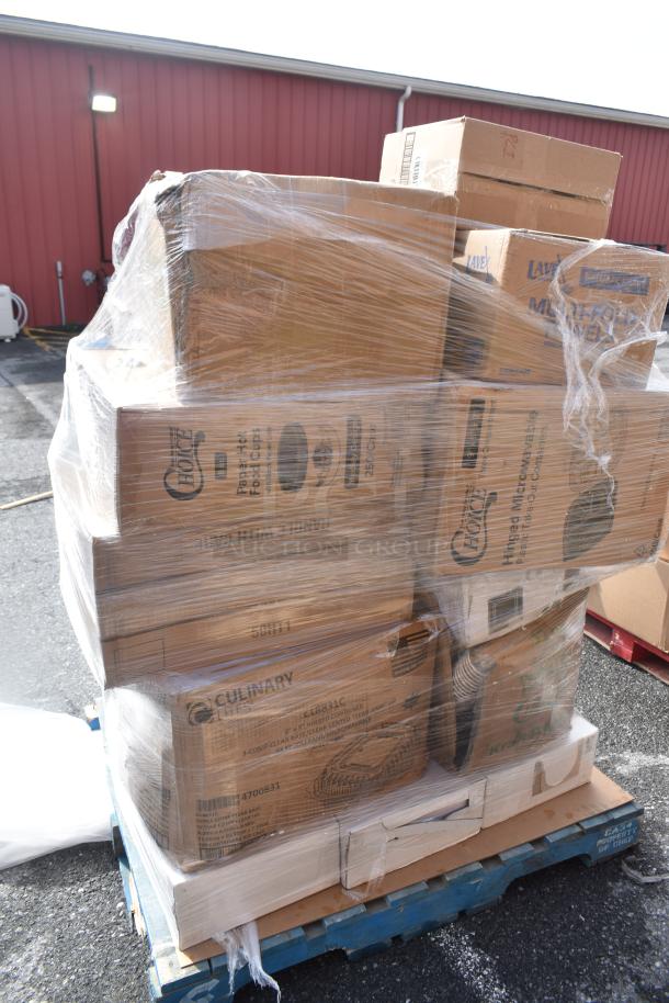 Pallet of 22 mixed scratch and dent items, including trash bags, cling film, and hot cups. Boxes wrapped in plastic.