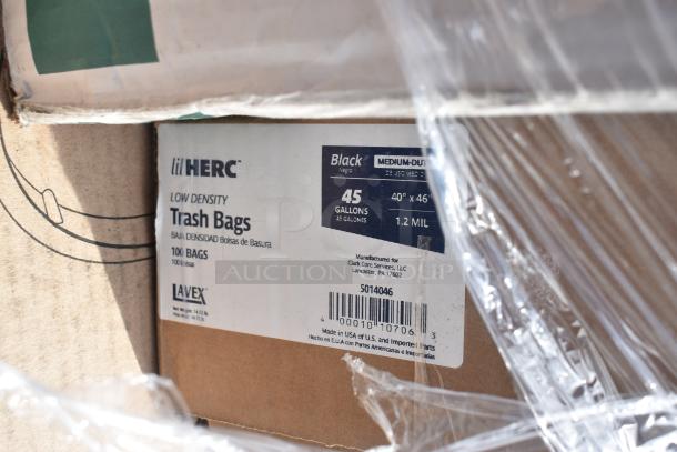 Box of Lil Herc low density trash bags, 45 gallons, 100 bags, 1.2 mil, brand new with intact packaging.