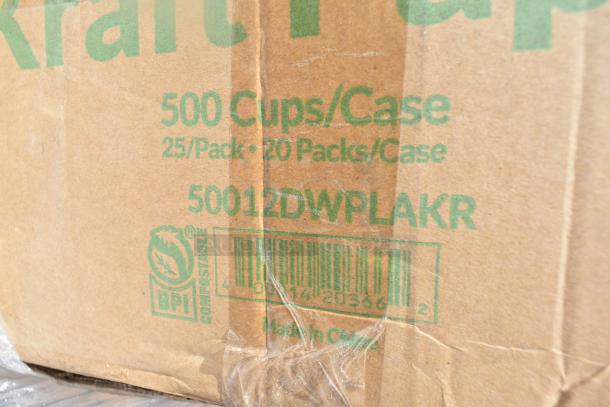 Cardboard box labeled "500 Cups/Case, 25/Pack, 20 Packs/Case," marked as compostable with BPI logo. Contains scratch and dent items.
