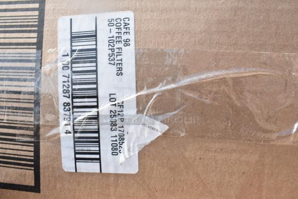 Label on cardboard box listing "Cafe 98 Coffee Filters," including barcodes and product codes, indicating contents.