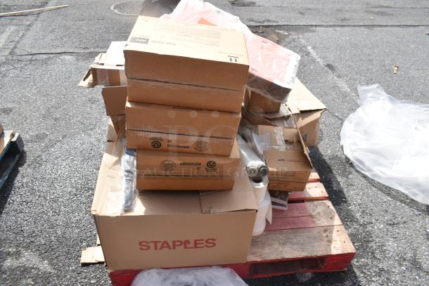 Auction lot of 24 new scratch and dent items, including Health Guards KL260 and Sani-Cloth Large Wipes in boxes.