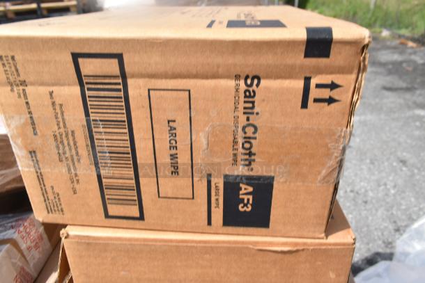 Box of Sani-Cloth Large Wipes, AF3 model, with barcode and product details visible; scratch and dent condition.