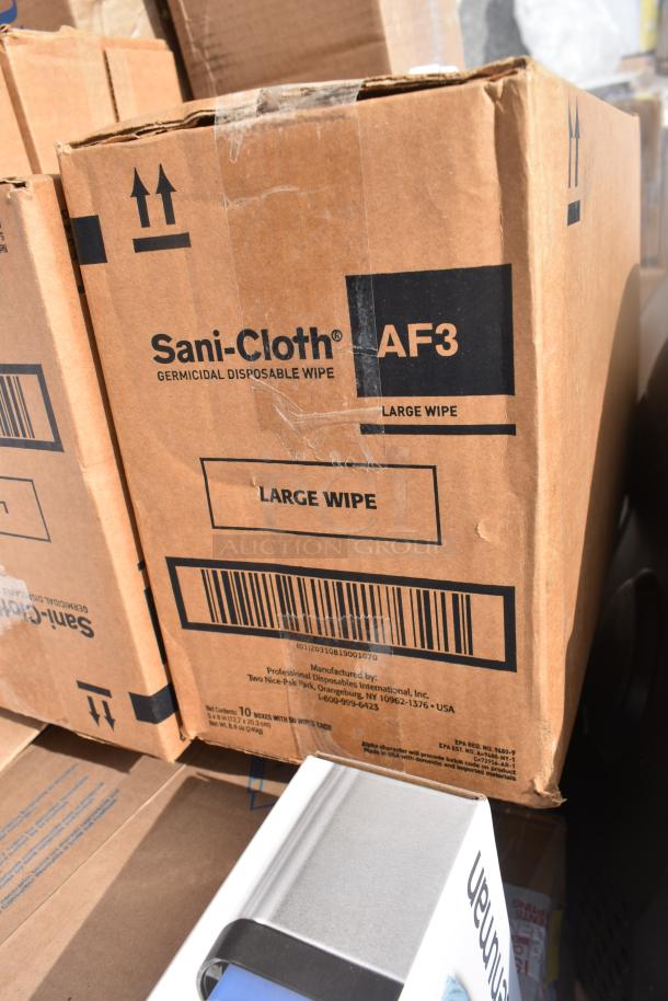 Cardboard box labeled "Sani-Cloth AF3 Large Wipe," germicidal disposable wipes, 10 boxes inside, part of 24-item auction.