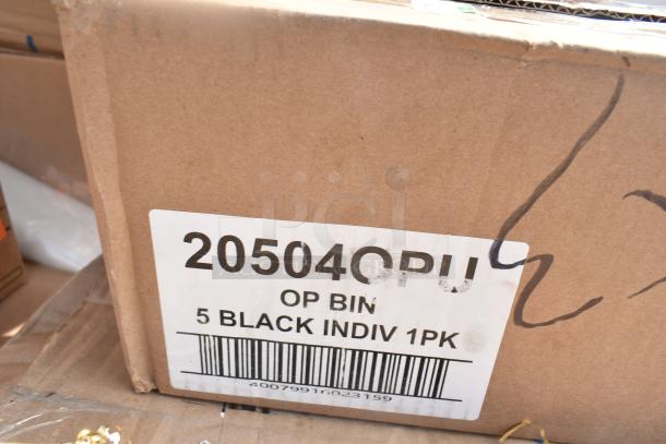 Cardboard box with label: "20504OPU, OP BIN, 5 BLACK INDIV 1PK." Box contains 24 new scratch-and-dent items.