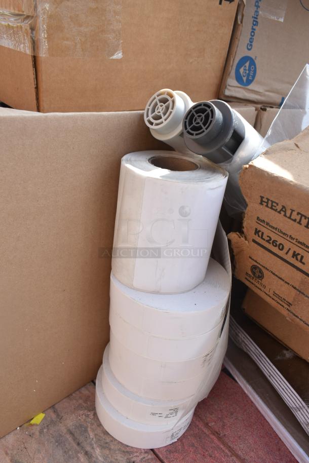 24 new items including Health Guards KL260 liners, Sani-Cloth wipes, stack of label rolls. Scratch and dent condition.