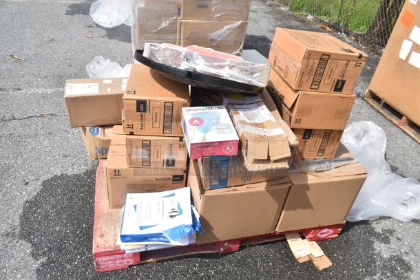 Collection of unopened boxes on a pallet, including Health Guards KL260 and Sani-Cloth Wipes. Scratch and dent sale.