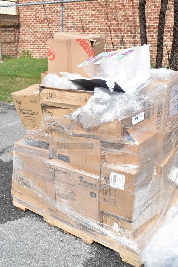 26 brand new scratch and dent items on a pallet, including scrap yard boxes, ingredient bins, and augers for meat grinders.